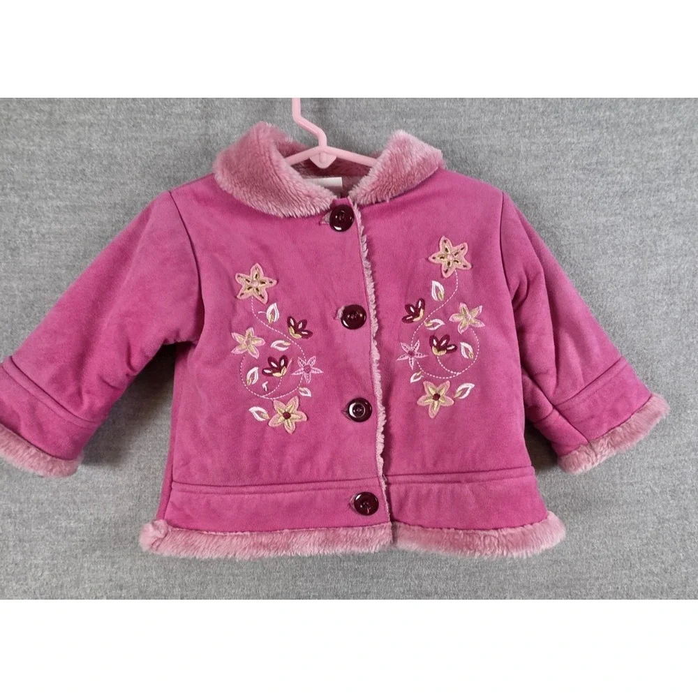 Nannette Vintage Baby Girl 12M Pink Embroidered Flower Coat Jacket Faux Fur Trim
